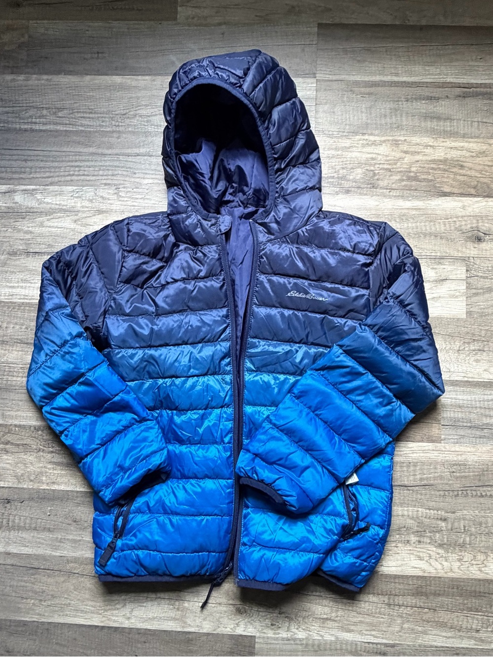 Eddie Bauer Kids' Hooded Puffer Jacket - Blue Ombre, Reversible Navy Side